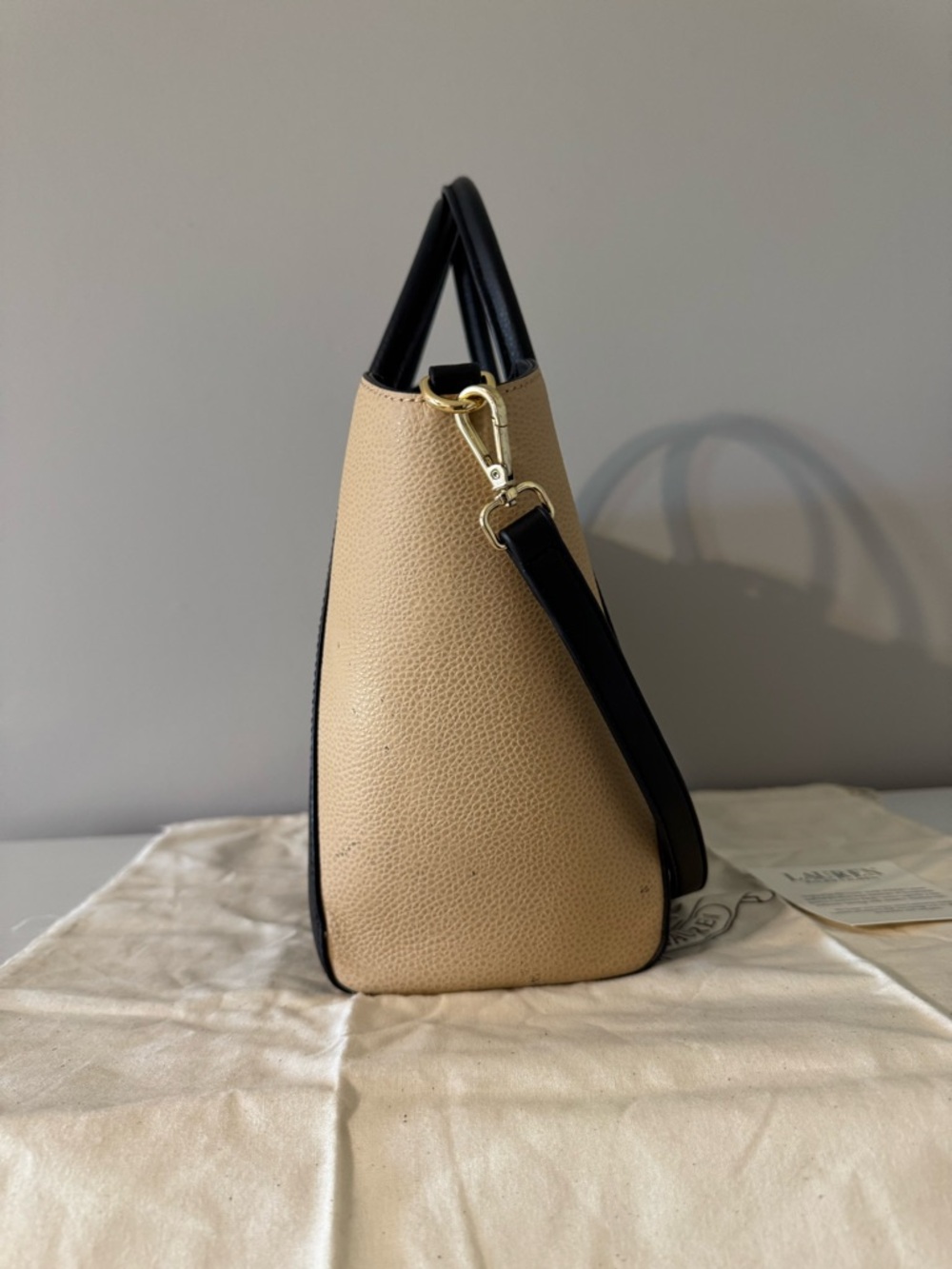 Lauren Ralph Lauren Black and Beige Pebbled Leather Satchel with Gold RL Accent - Picture 5 of 14